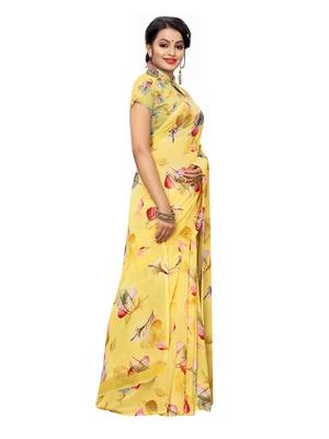 Yellow printed georgette saree with blouse 3