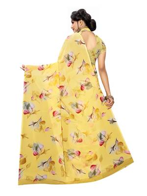 Yellow printed georgette saree with blouse 4