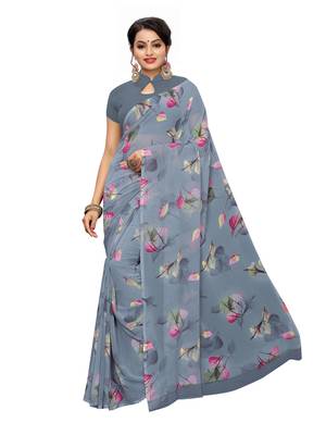 Grey printed georgette saree with blouse 1