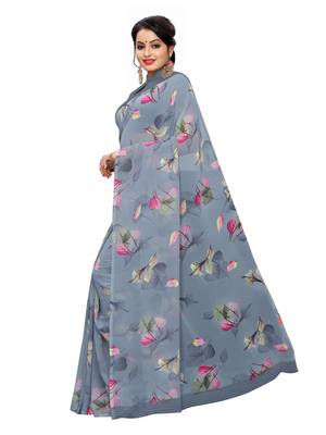 Grey printed georgette saree with blouse 2