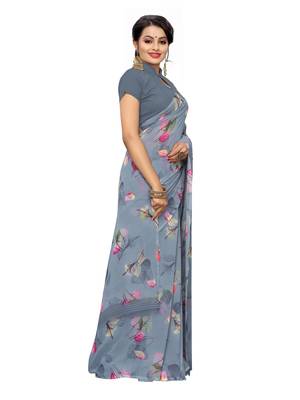 Grey printed georgette saree with blouse 3