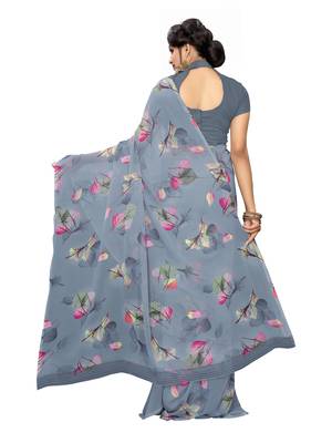 Grey printed georgette saree with blouse 4