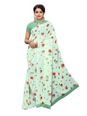 Light green printed georgette saree with blouse 1