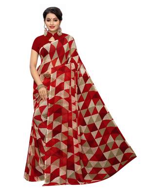 Red printed georgette saree with blouse 1