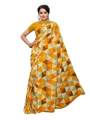 Mustard printed georgette saree with blouse 1