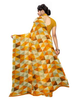 Mustard printed georgette saree with blouse 4