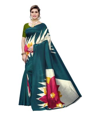 Turquoise printed poly silk saree with blouse 1