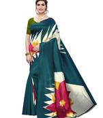 Turquoise printed poly silk saree with blouse
