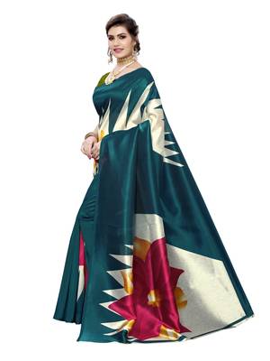 Turquoise printed poly silk saree with blouse 2