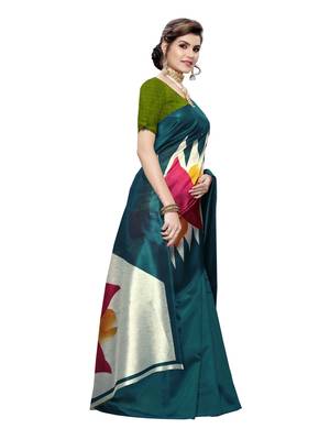 Turquoise printed poly silk saree with blouse 3