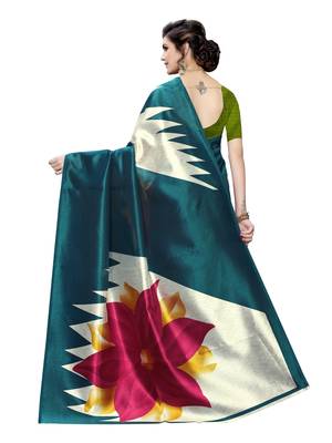 Turquoise printed poly silk saree with blouse 4
