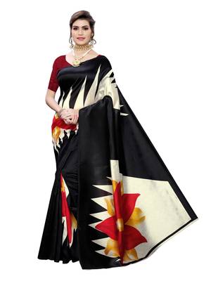 Black Printed Poly Silk Saree With Blouse 1