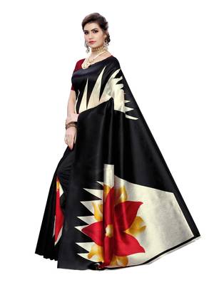 Black Printed Poly Silk Saree With Blouse 2