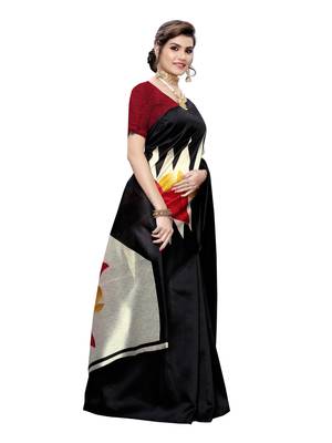 Black Printed Poly Silk Saree With Blouse 3