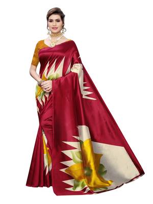 Red printed poly silk saree with blouse 1