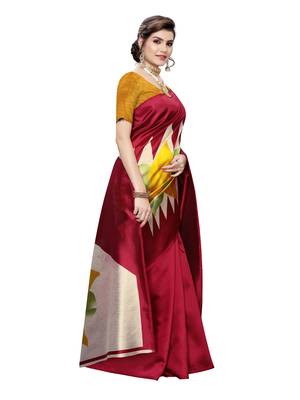 Red printed poly silk saree with blouse 3