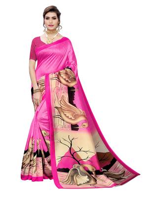 Pink printed poly silk saree with blouse 1