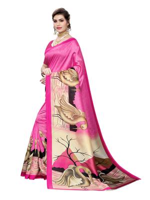 Pink printed poly silk saree with blouse 2