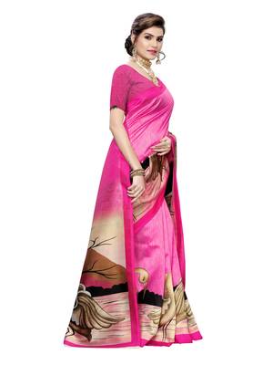 Pink printed poly silk saree with blouse 3