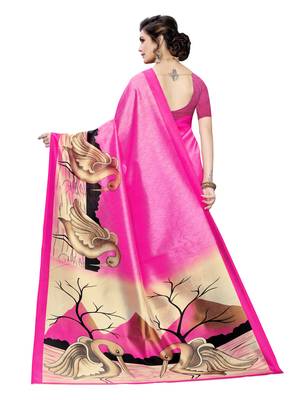 Pink printed poly silk saree with blouse 4
