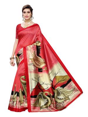 Red Printed Poly Silk Saree With Blouse 1