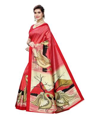Red Printed Poly Silk Saree With Blouse 2