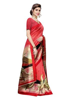 Red Printed Poly Silk Saree With Blouse 3
