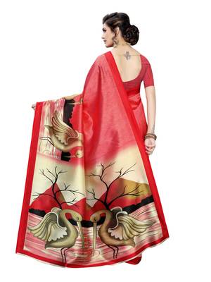 Red Printed Poly Silk Saree With Blouse 4