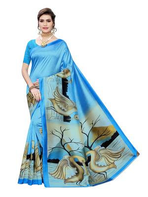 Sky blue printed poly silk saree with blouse 1