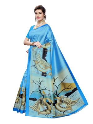 Sky blue printed poly silk saree with blouse 2