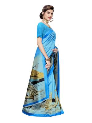 Sky blue printed poly silk saree with blouse 3