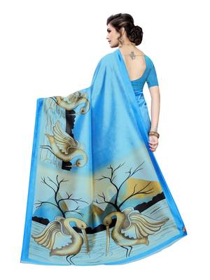 Sky blue printed poly silk saree with blouse 4