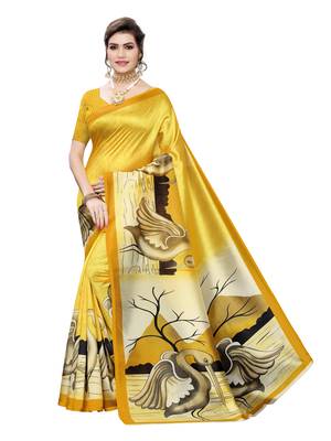 Yellow printed poly silk saree with blouse 1