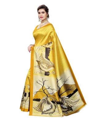 Yellow printed poly silk saree with blouse 2