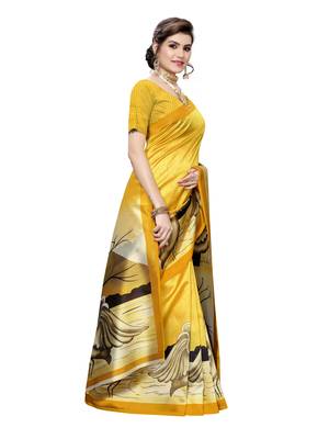 Yellow printed poly silk saree with blouse 3