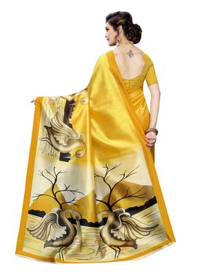 Yellow printed poly silk saree with blouse 4