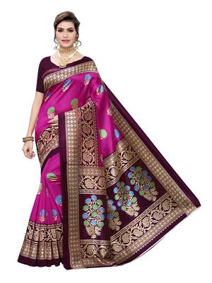 Pink Printed Poly Silk Saree With Blouse 1