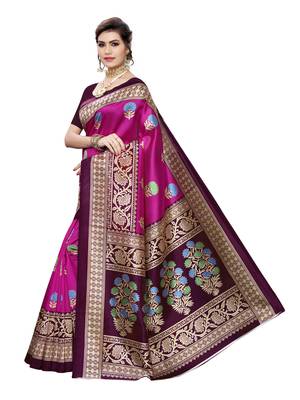 Pink Printed Poly Silk Saree With Blouse 2