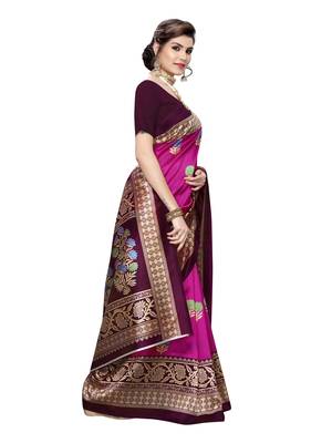 Pink Printed Poly Silk Saree With Blouse 3