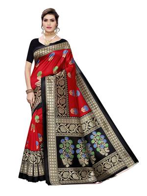 Red Printed Poly Silk Saree With Blouse 1
