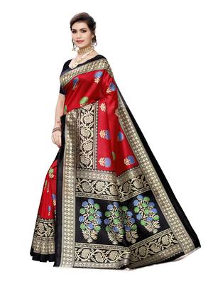 Red Printed Poly Silk Saree With Blouse 2