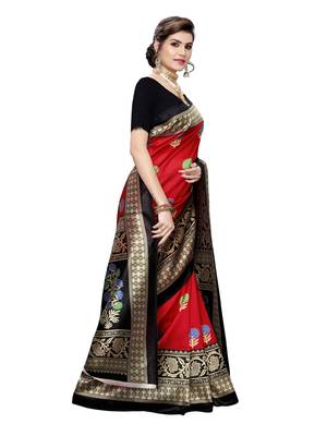 Red Printed Poly Silk Saree With Blouse 3