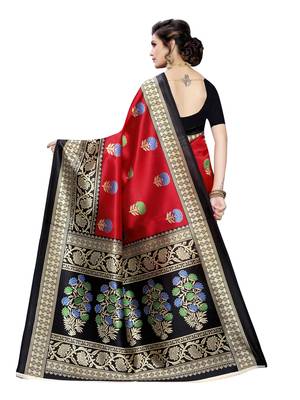 Red Printed Poly Silk Saree With Blouse 4