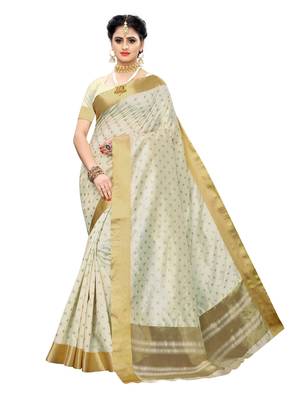 Beige printed chanderi silk saree with blouse 1