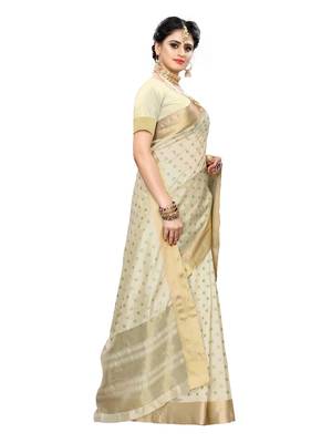 Beige printed chanderi silk saree with blouse 3