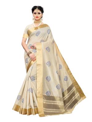 Beige printed chanderi silk saree with blouse 1