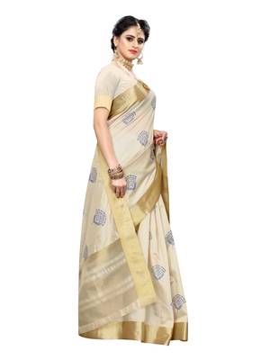 Beige printed chanderi silk saree with blouse 3