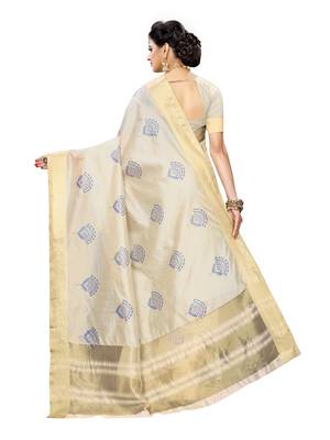 Beige printed chanderi silk saree with blouse 4