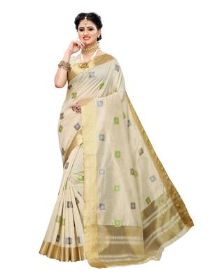 Beige printed chanderi silk saree with blouse 1