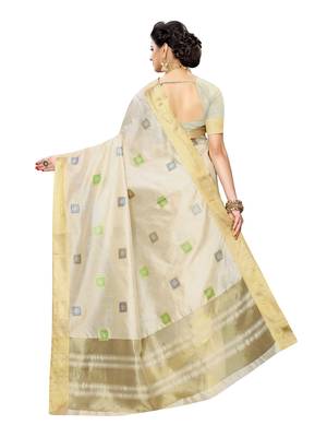 Beige printed chanderi silk saree with blouse 4